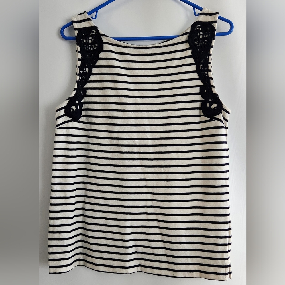 Banana Republic Black/Off White Striped w/Embellished Sleeveless Tank Top Size M
